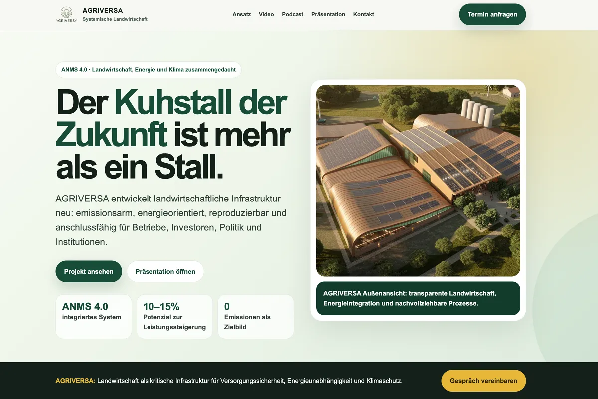 Screenshot der Musterseite Agriversa Zukunftskuhstall