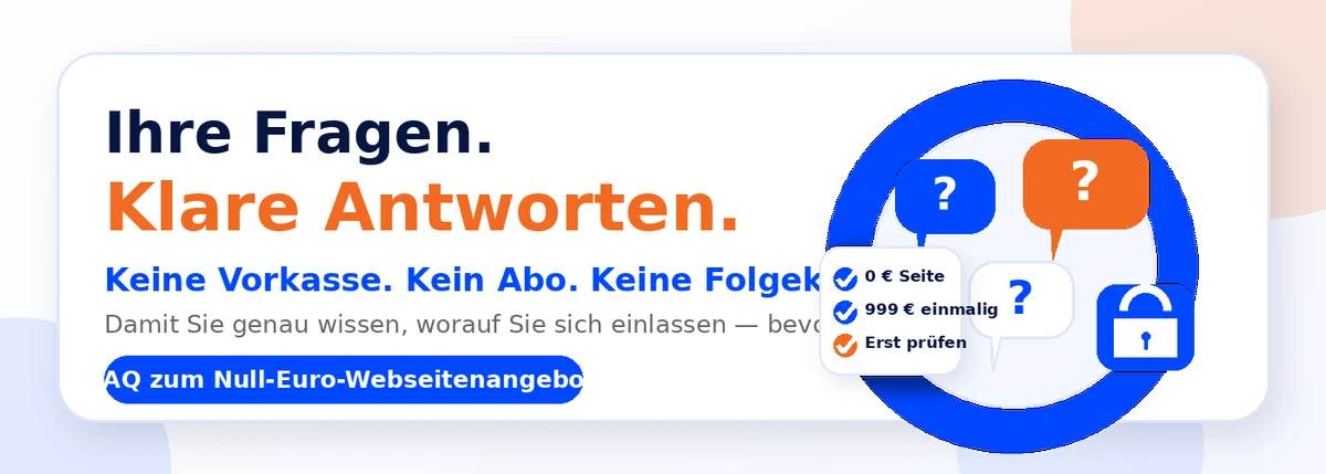 FAQ Header: Keine Vorkasse, kein Abo, keine Folgekosten.