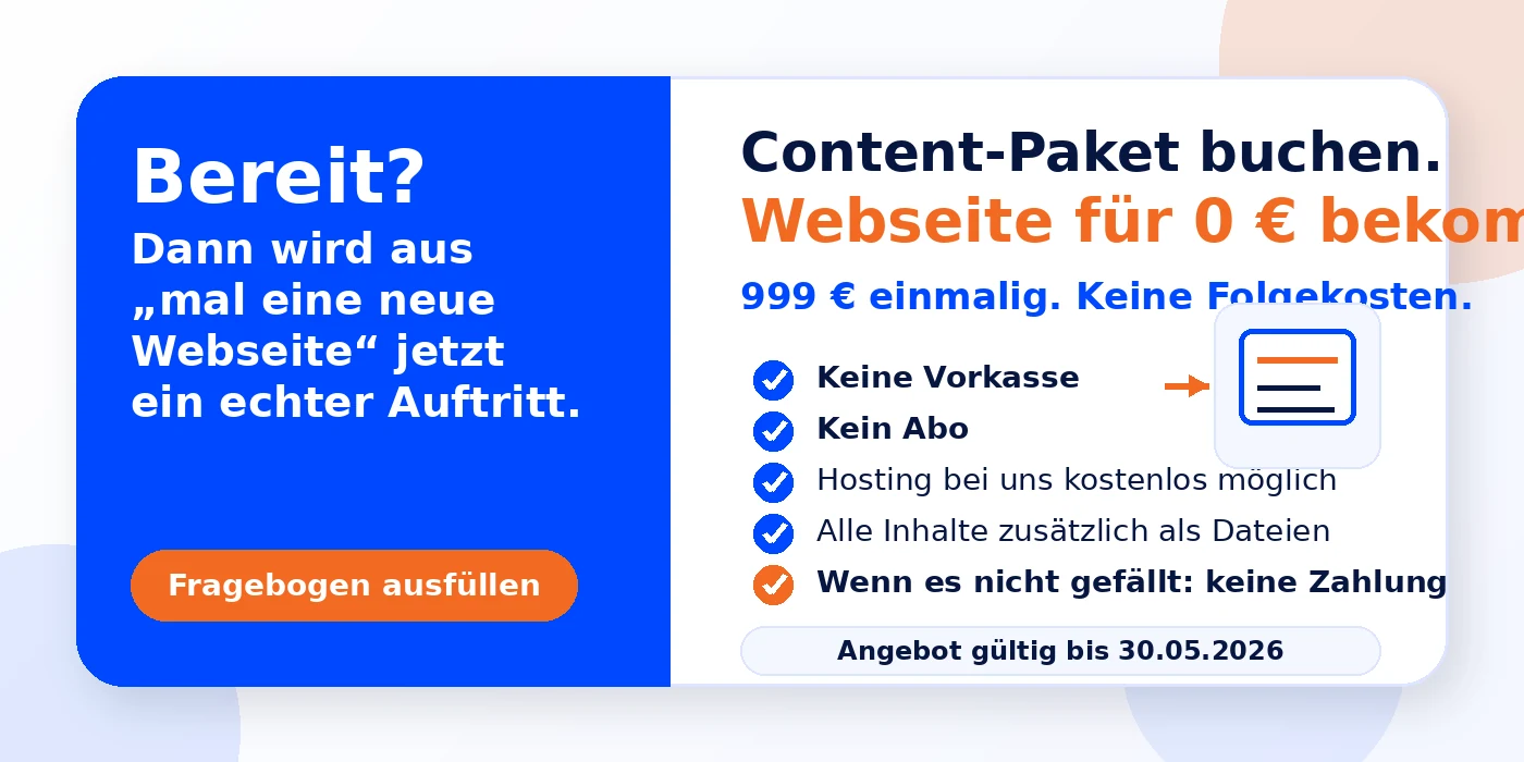 Abschlussgrafik: Content-Paket buchen und Webseite für 0 Euro bekommen