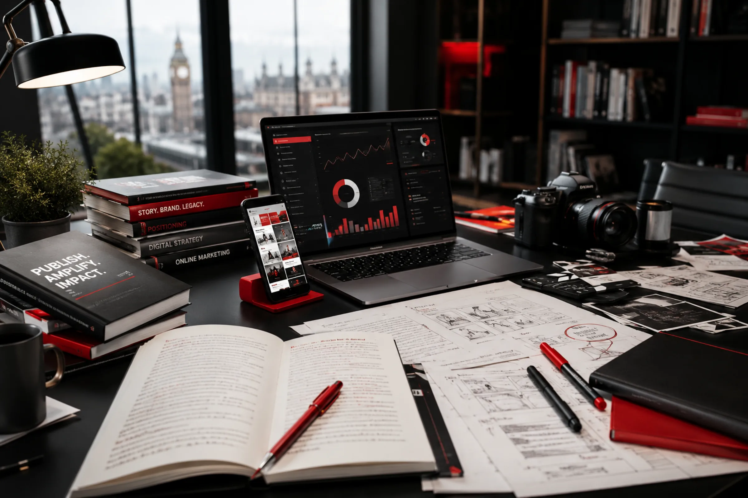 Agency Command Desk mit Büchern, Manuskript, Laptop, Smartphone, Kamera und Storyboard